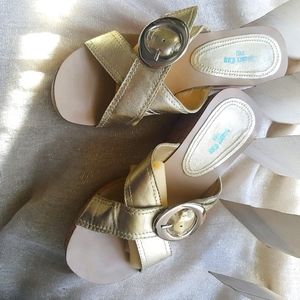 Metallic Gold Leather Cork Platform Slides